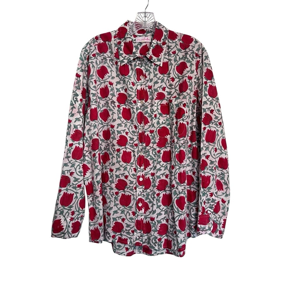 Mary Marshmallow Sz L Tulip Blouse Top Button Up Red White Floral Spring Boho